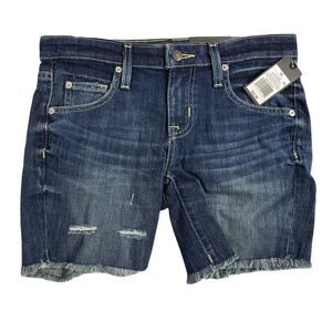Mossimo Womens Shorts Sz 00 Boyfriend Raw Hem Dark Blue Denim Low Rise Destroyed